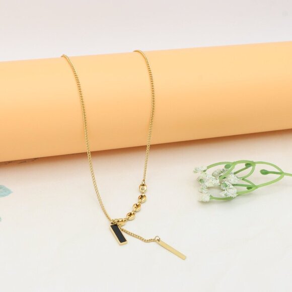 Gold Plated Dual Bar Drop Necklace with Bold Link Detail, XPNL0388 - Picture 10 of 13